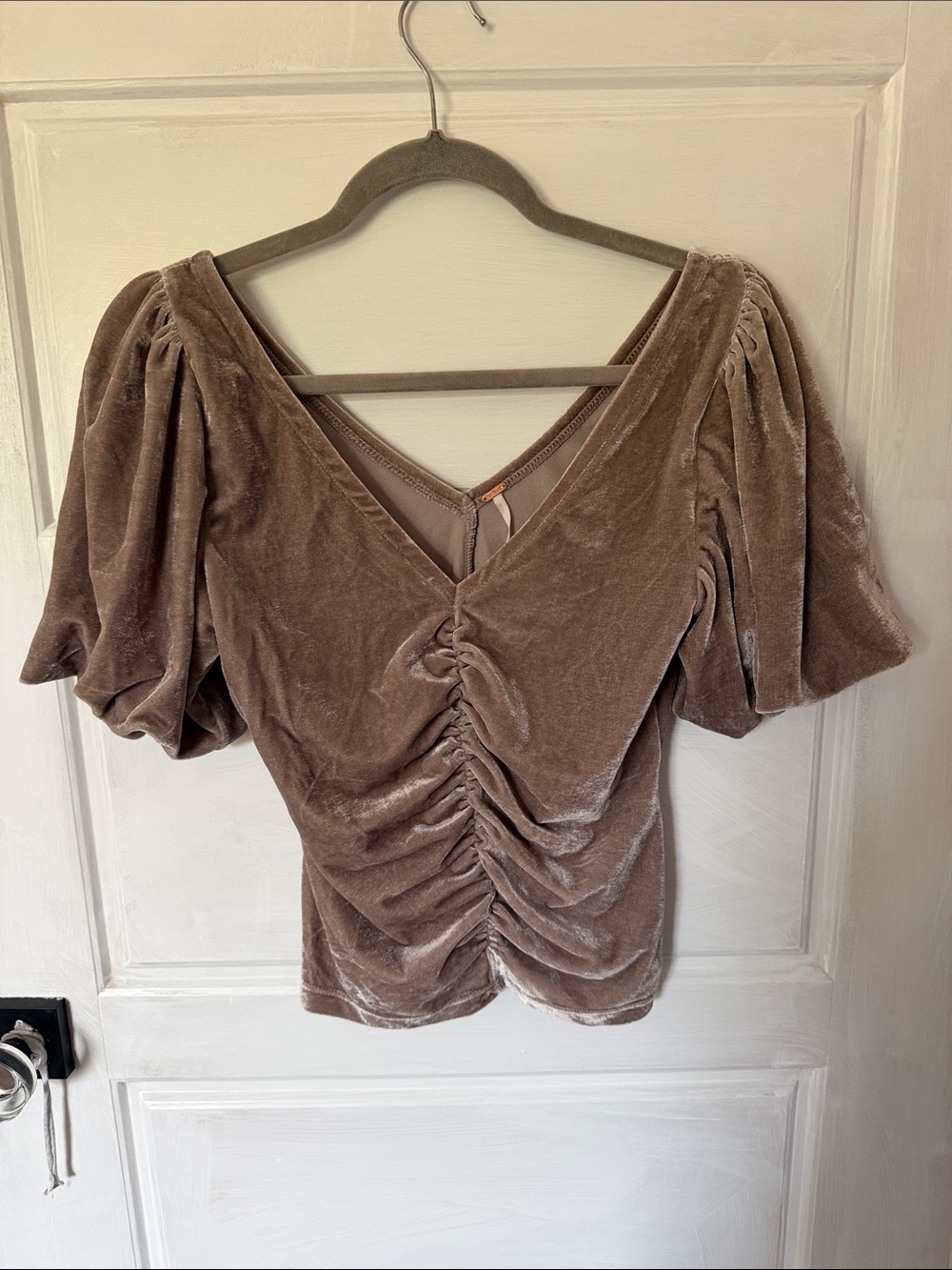 Free People Dusty Taupe Velvet Ruched V-Neck Blouse